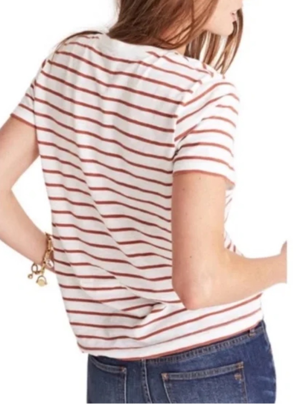 Madewell Whisper Cotton V-Neck Burnt Orange Rust Striped Pocket T-Shirt Size M - Picture 3 of 8